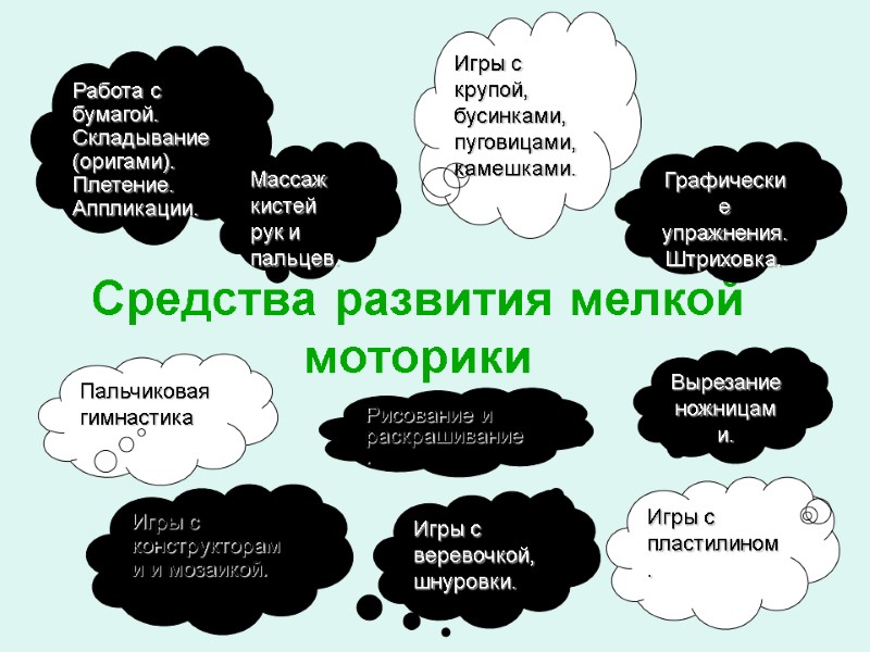 Средства развития мелкой моторики    Пальчиковая гимнастика Игры с крупой, бусинками, пуговицами,